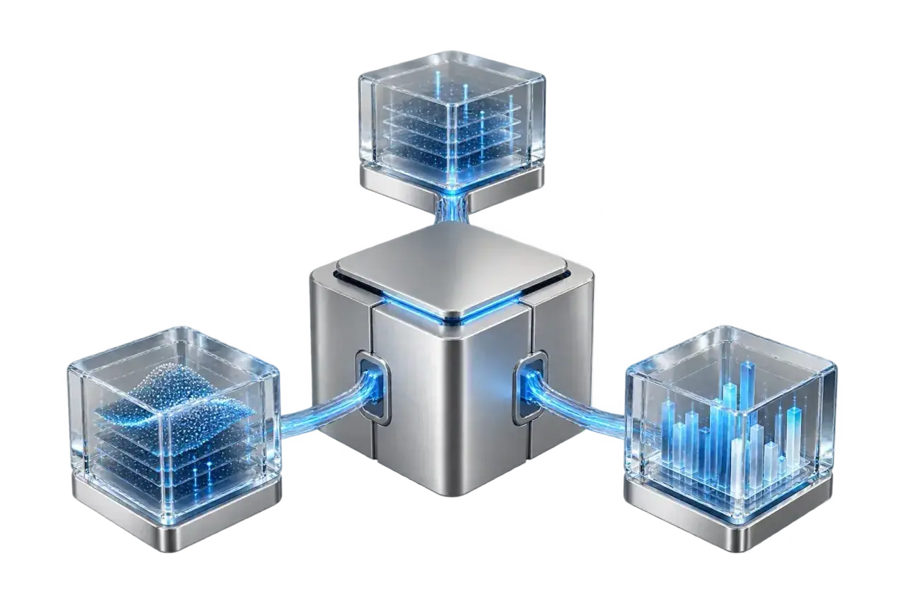 Concept illustration of a silver AI processor and connected translucent modules
